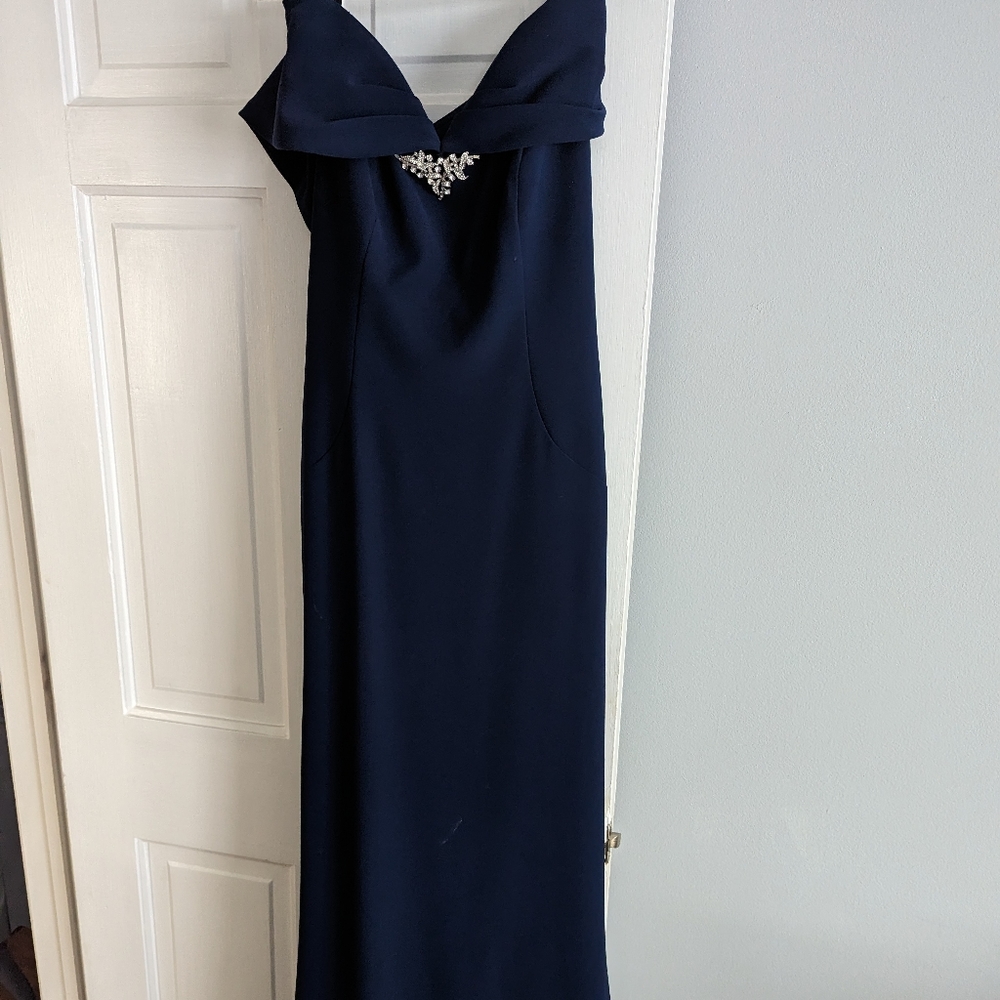 Montage by Mon Cheri Navy Gown 120905 Off Shoulder Brooch